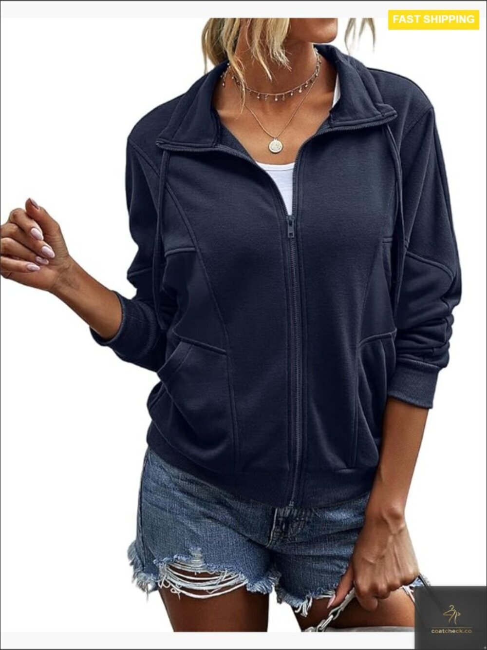 Batwing Full Zip Up Stand Collar Jacket Lightweight Casual Pocket